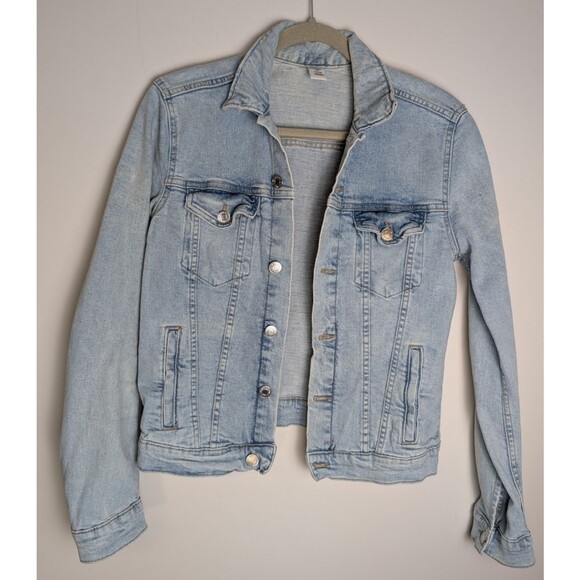 H&M &Denim Women's Jacket Light Wash Distressed Front Double Pocket Button Sz 8 - Picture 1 of 10